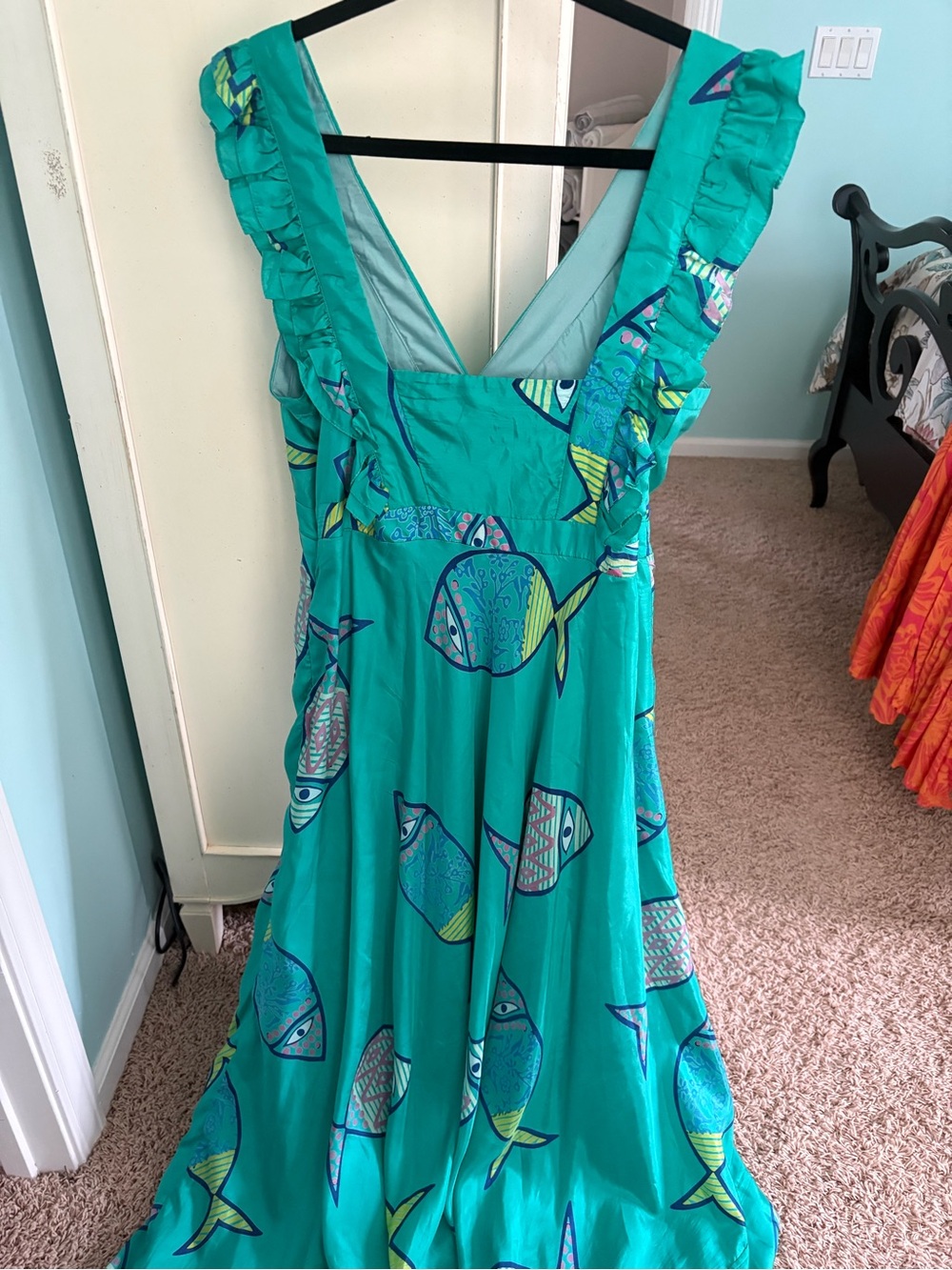 Anthropologie Silk Teal Ruffled V-Neck Fish Print Maxi Dress - Picture 3 of 5
